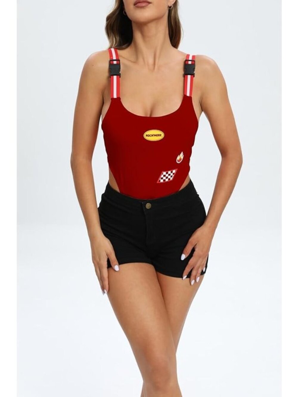 Malianna Checkerboard & Fire Print High Waist Bodysuit- Size S, NWT
